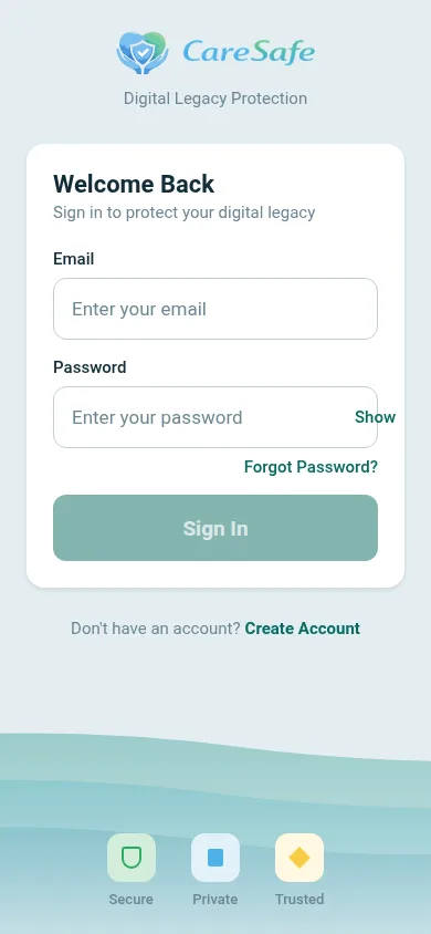 CareSafe mobile app — check-in & secure vault
