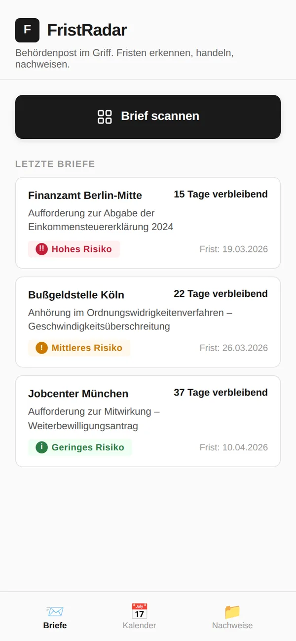 Fristradar mobile app — deadline list