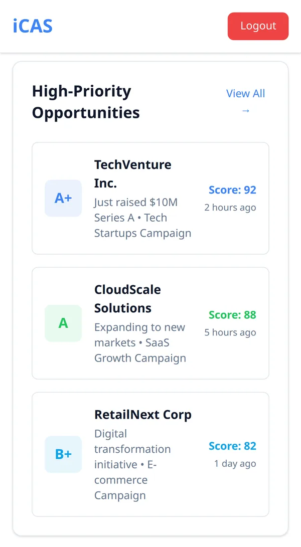 iCAS mobile — AI-scored opportunities