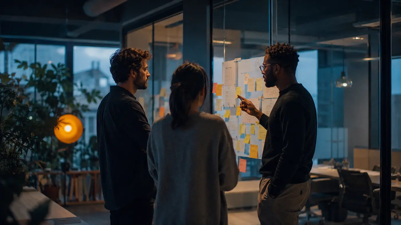 The Teknora team planning a build at a glass wall