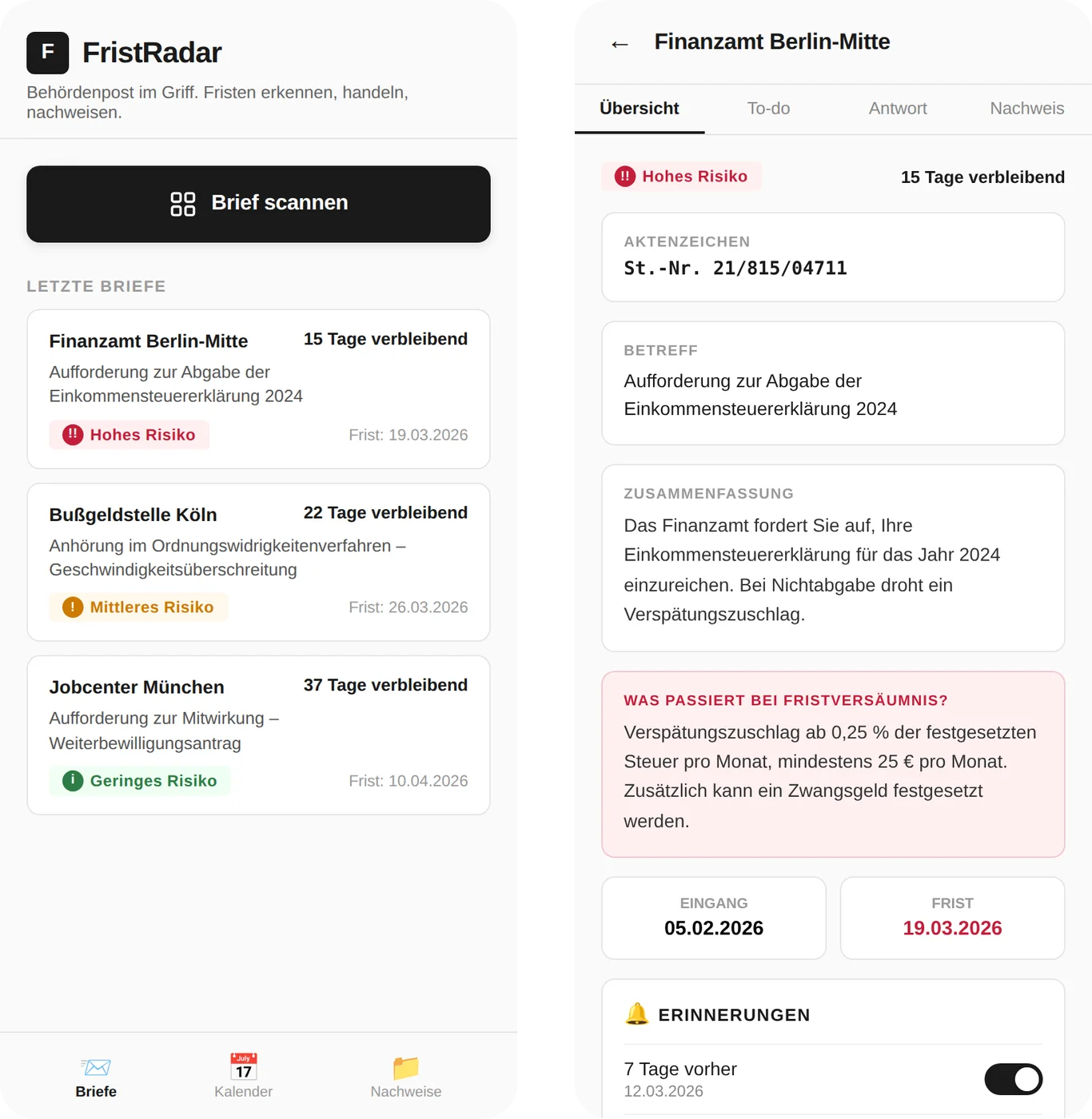 Fristradar product interface