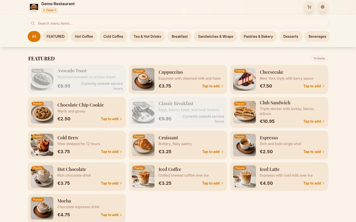 Ordrino product interface