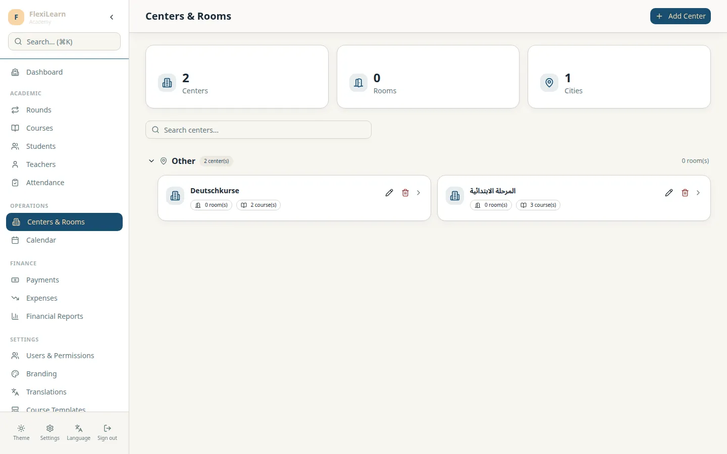 Centres & Rooms