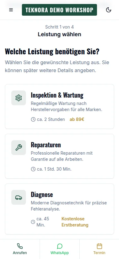 A four-step booking wizard