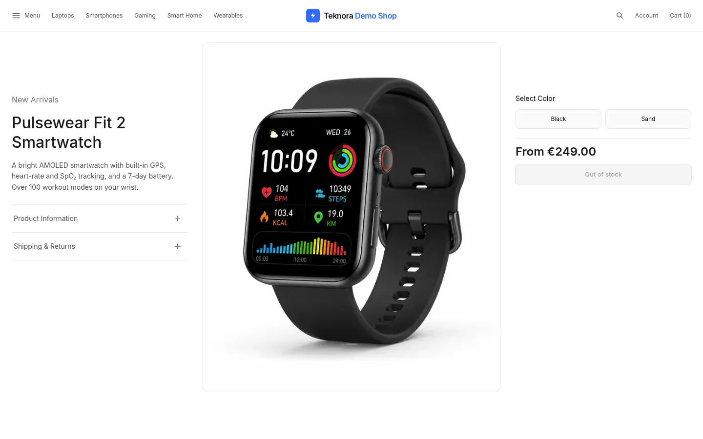 Product page with variants and pricing